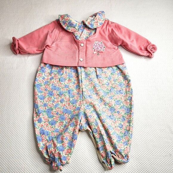 Vintage 90s Buster Brown Baby Girl Romper 3-6 Mo Pink Blue Flowers Snap NEW